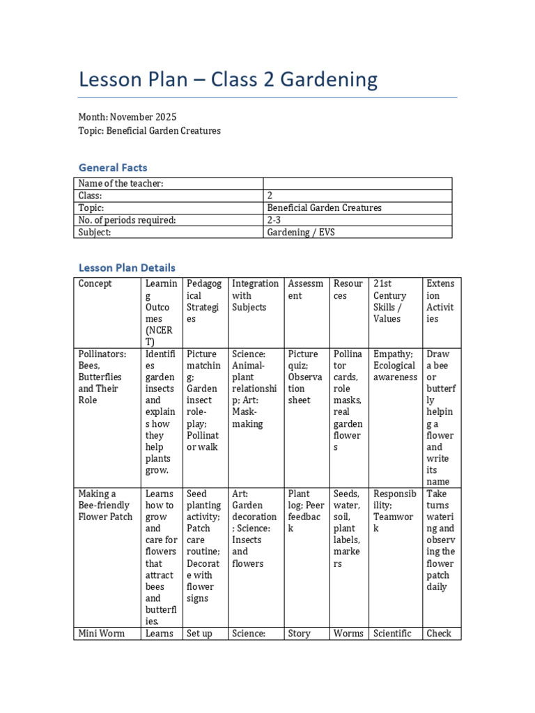 Lesson Plan Class2 Gardening November Beneficial Creatures | PDF ...