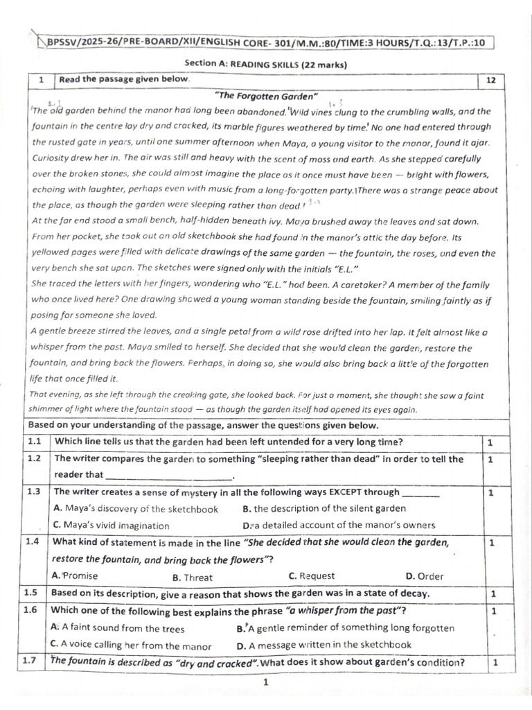 Pre Board Eng Question Paper | PDF