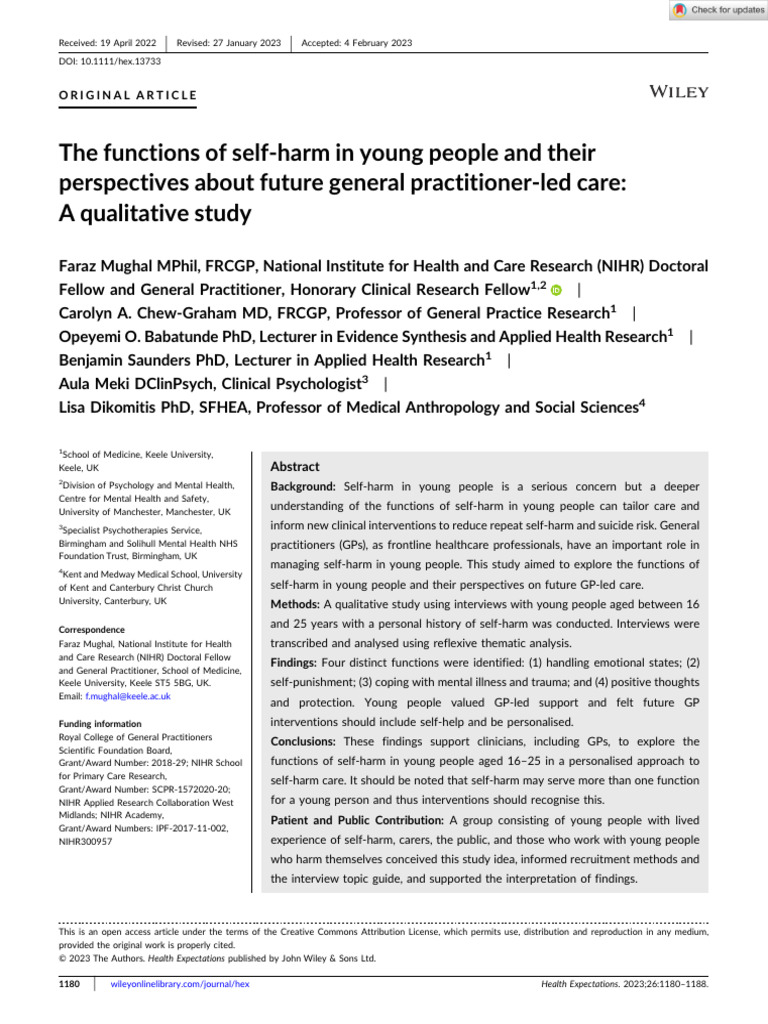 The Functions of Self Harm in Young People and Their Perspectives About ...