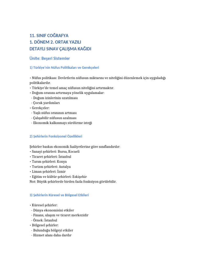 11 Sinif Cografya Detayli Calisma Kagidi | PDF