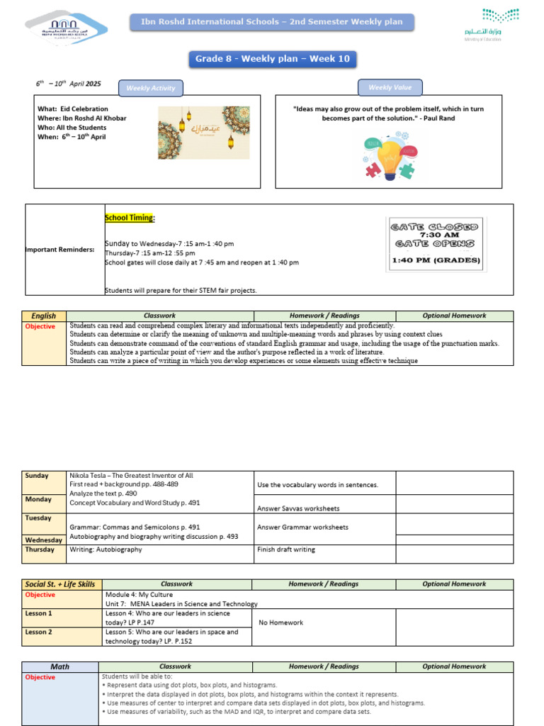 Week 10 - Grade 8 Weekly Plan, T2 | PDF | Night Sky | Linguistics