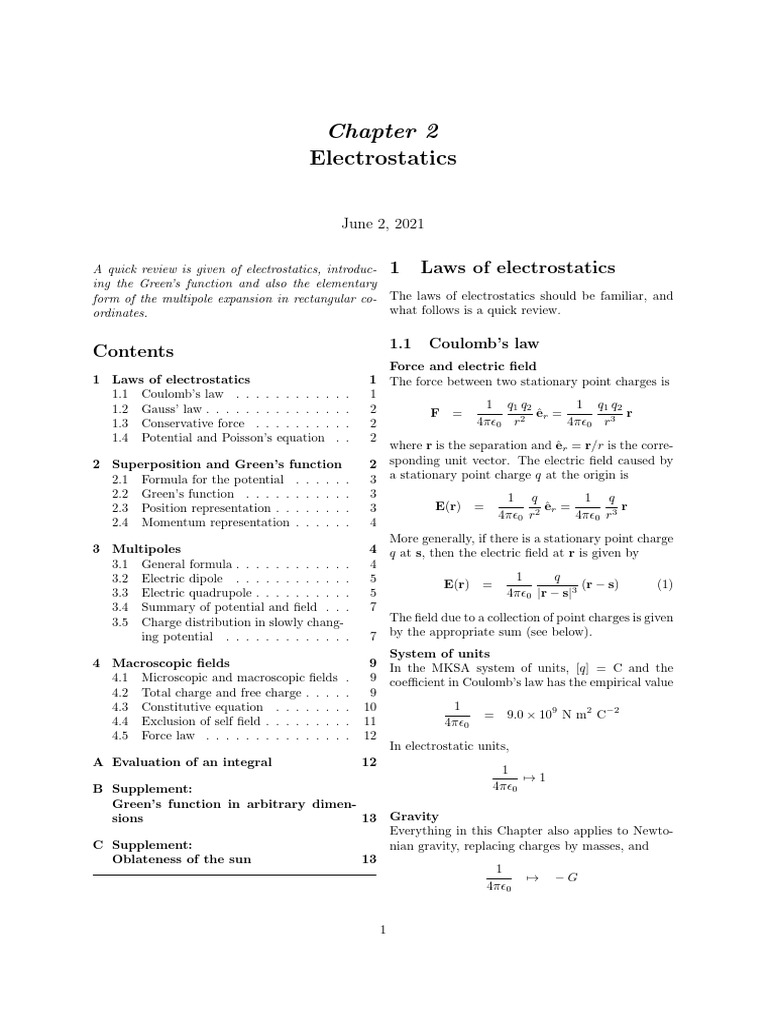 1 Laws of Electrostatics | PDF | Electric Field | Force