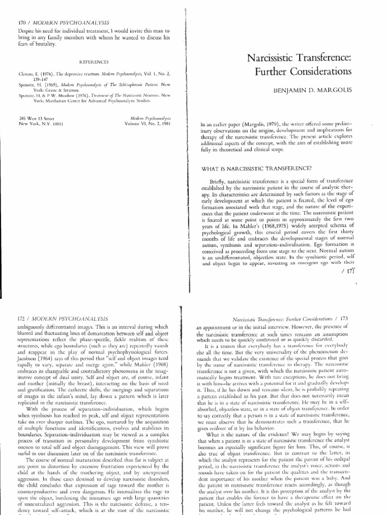 Margolis B Narcissistic Transference Further Considerations | PDF