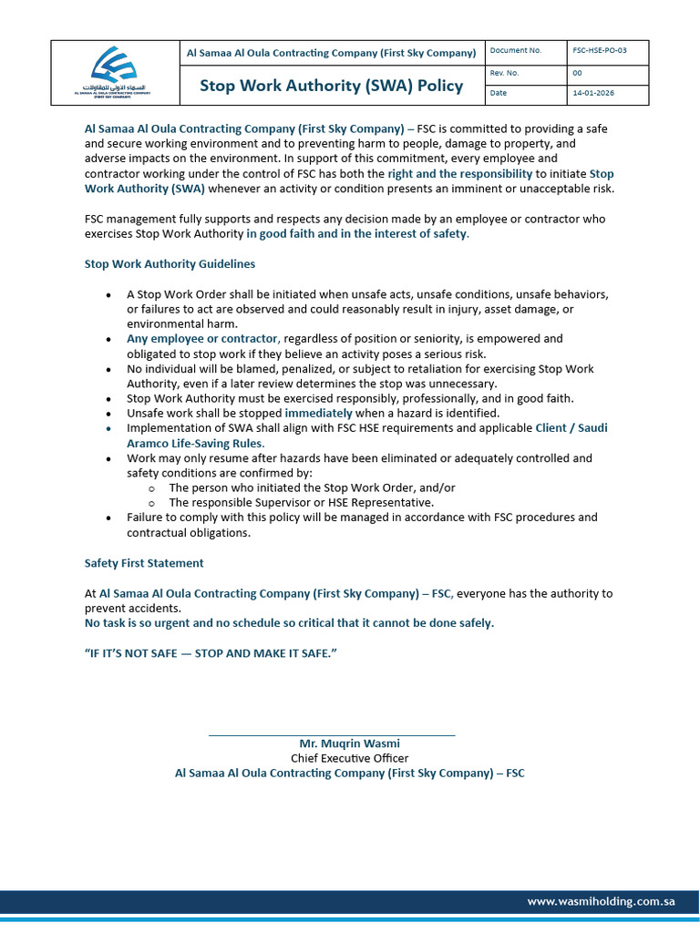 FSC-HSE-PO-03_Stop Work Authority (SWA) Policy | PDF | Safety
