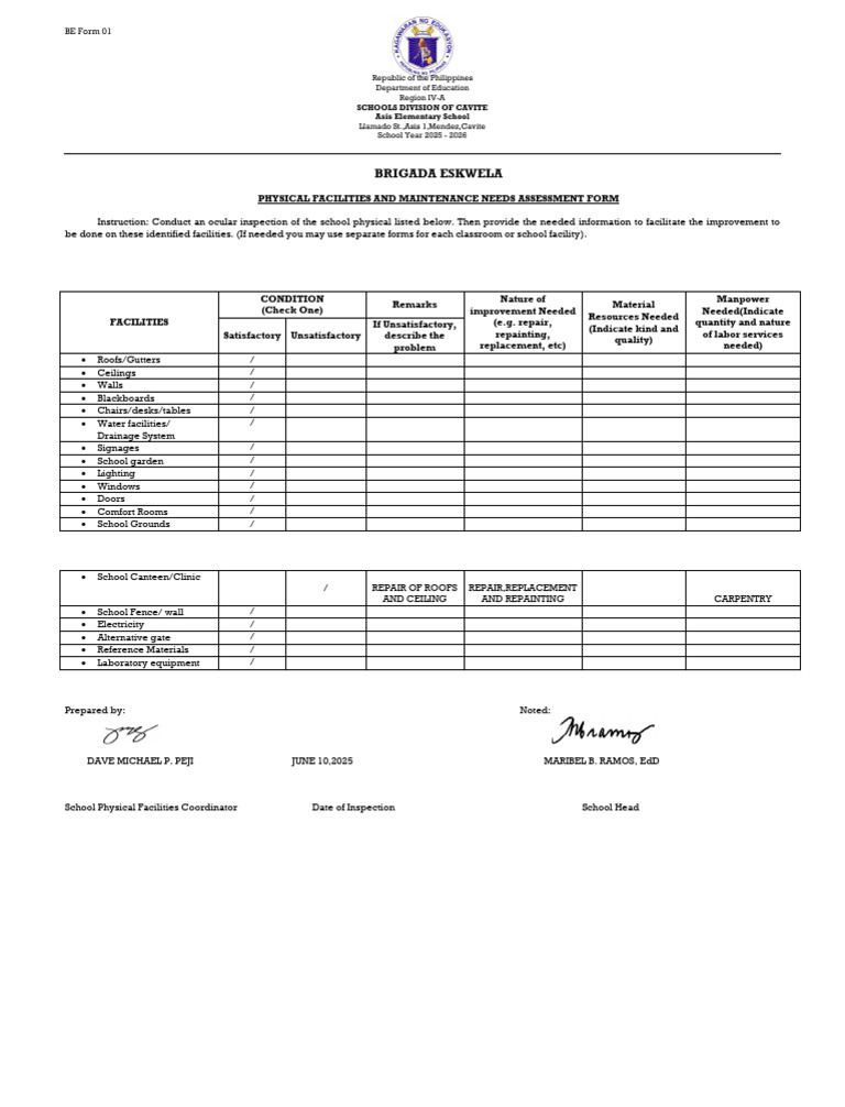 Be Form 1 Physical Facilities and Maintenance Needs Assessment Form ...