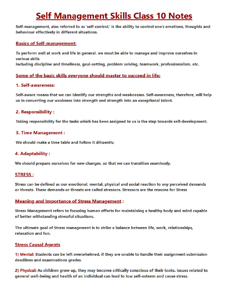 Notes on Self Management Skill Class 10 | PDF