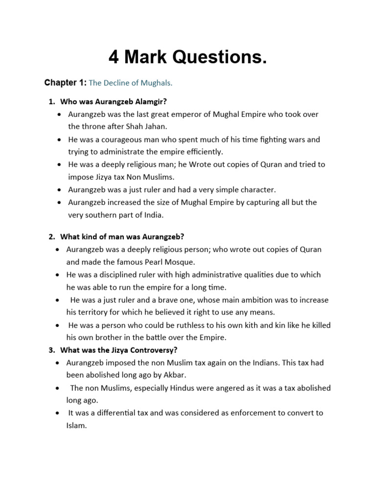 4 Mark Questions of Chapter 1 | PDF | Mughal Empire