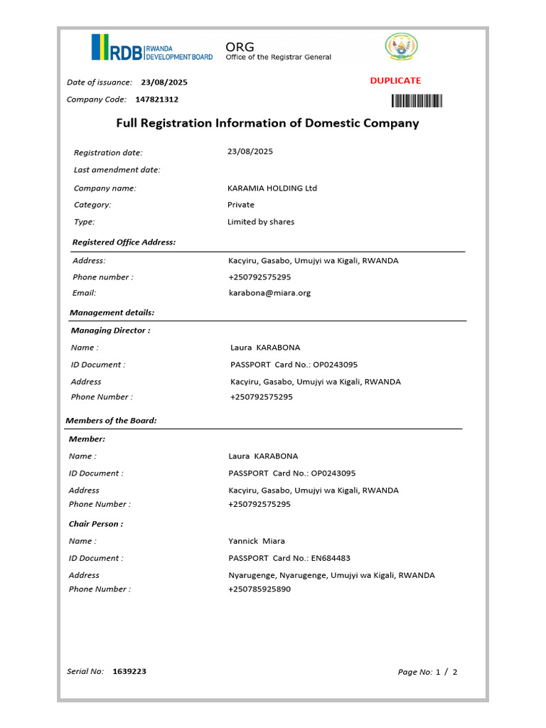 Karamia Holding RDB Certificate Full Info | PDF | Value Added Tax | Taxes