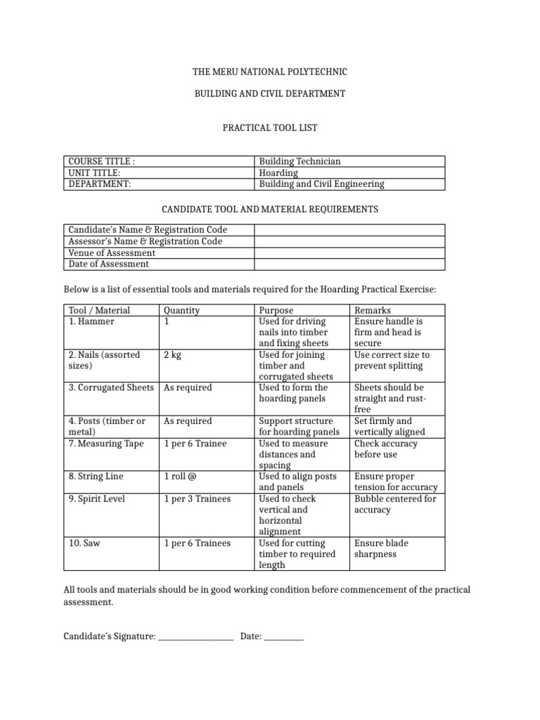 Hoarding Practical Tool List With Drawing | PDF