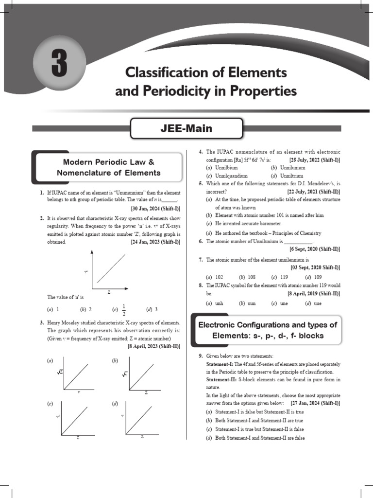 PYQs (JEE Main & Advance) Periodic Classification | PDF | Ionization ...