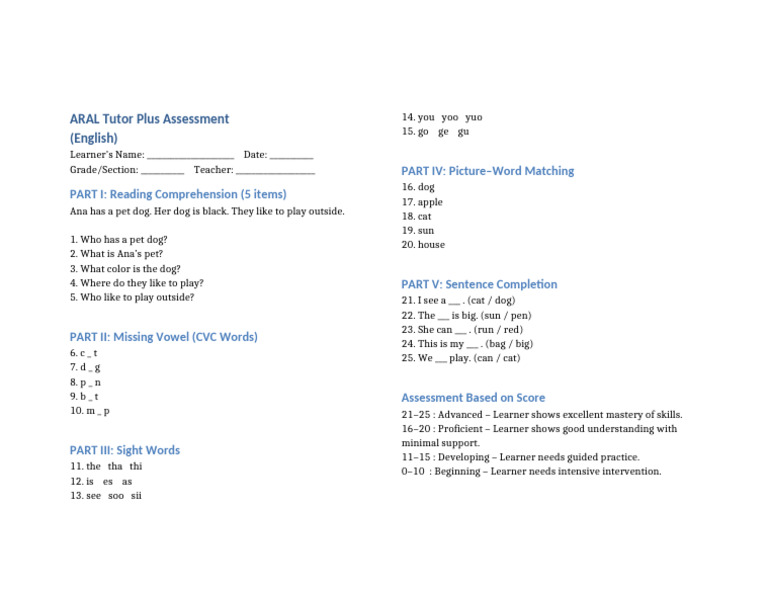 ARAL Tutor Plus Assessment | PDF
