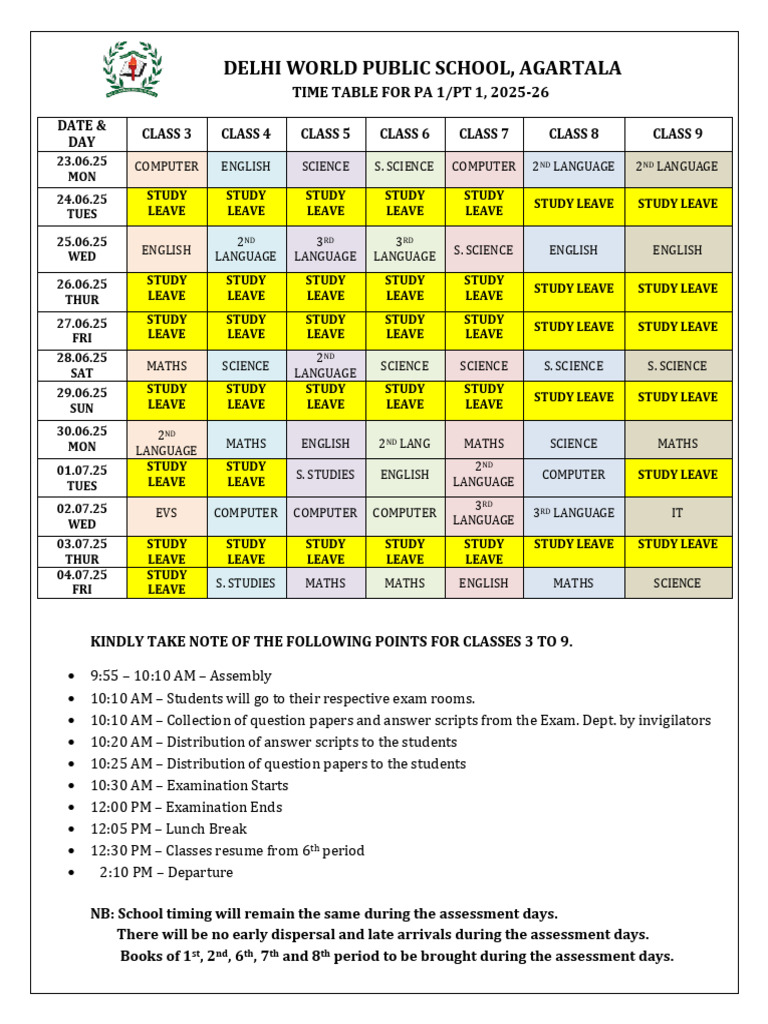 Pa 1 & PT 1 Time Table Class 3-9 (25-26) | PDF | Tests | Educational ...