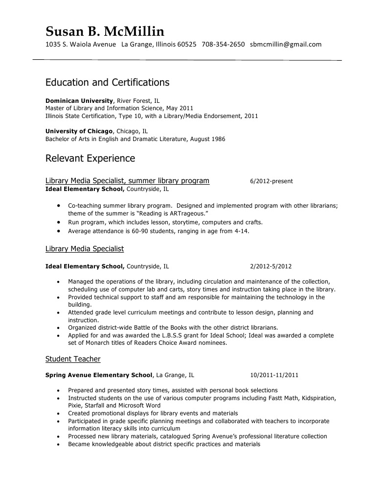 Susan B. McMillin: Library Media Specialist Resume | PDF | Libraries ...