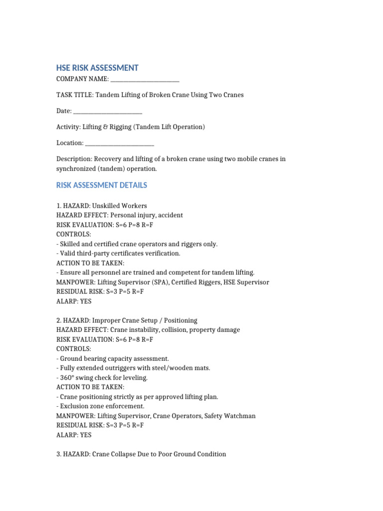 Risk Assessment Tandem Lift Formatted | PDF | Crane (Machine) | Risk