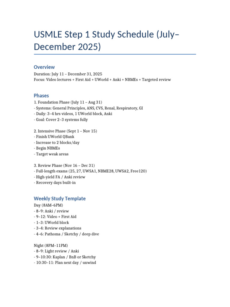 USMLE Step1 Text Study Schedule | PDF