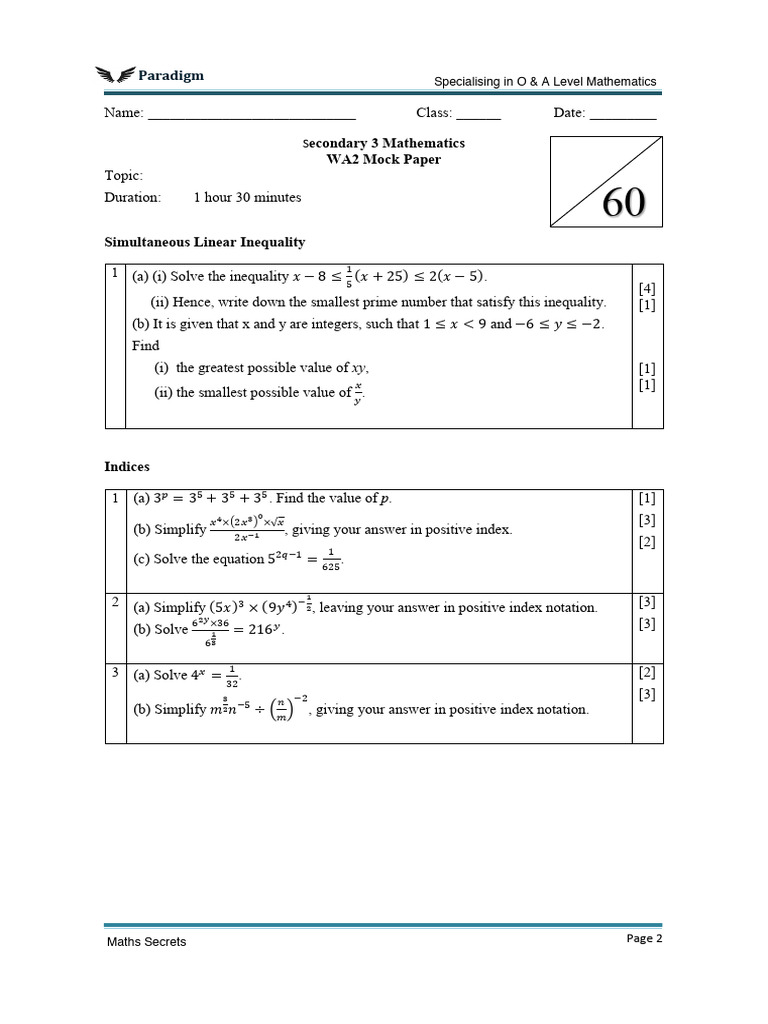 Sec 3 E Math Mock Exam WA2 SOL | PDF | Inequality (Mathematics ...
