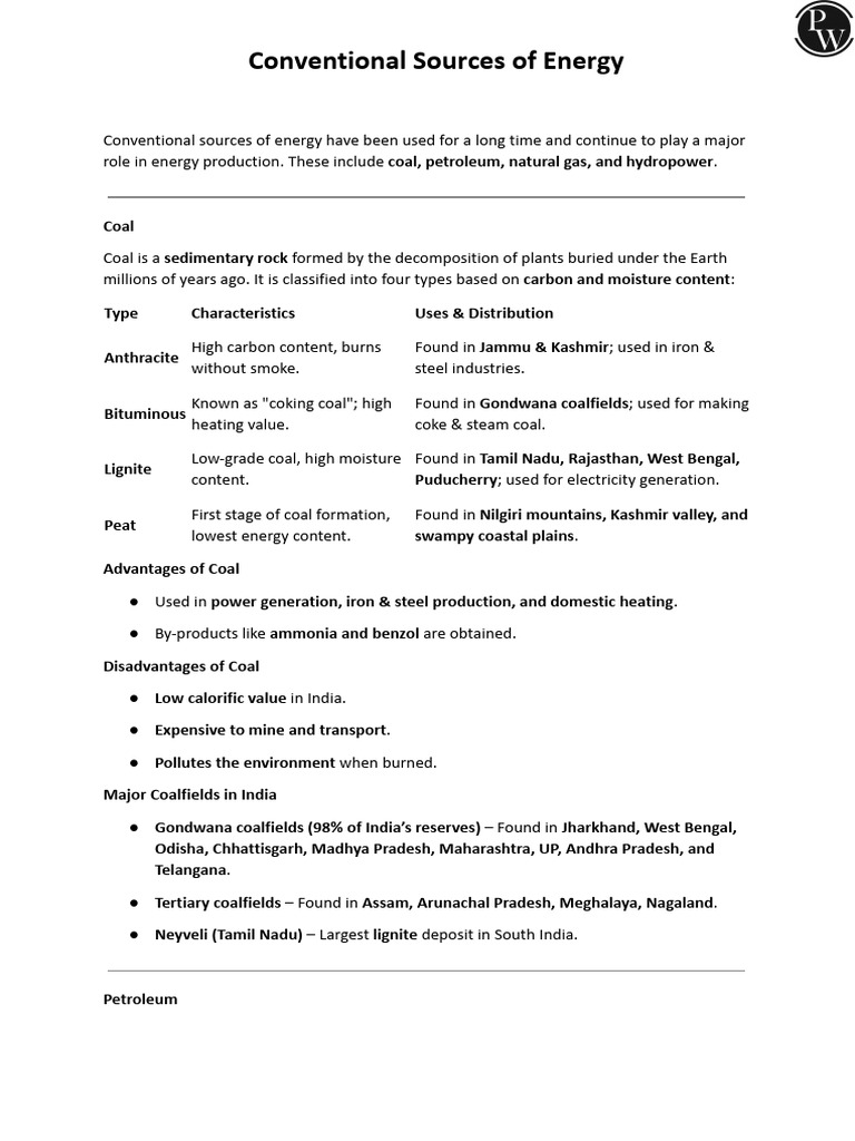 Conventional Sources of Energy Handwritten Notes | PDF | Coal | Natural Gas