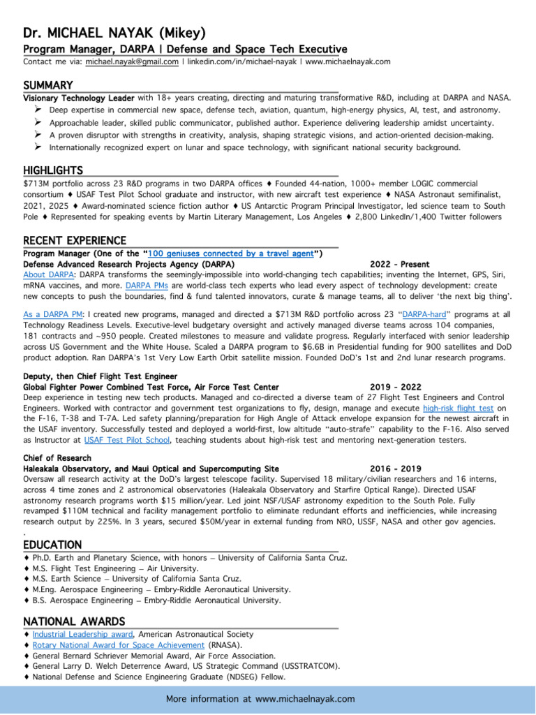 Michael Nayak Resume 2025 | PDF | Nasa | Darpa