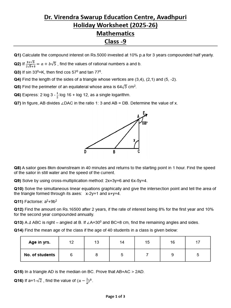 Class 9 Maths Holiday Homework 25-26 | PDF | Area | Triangle