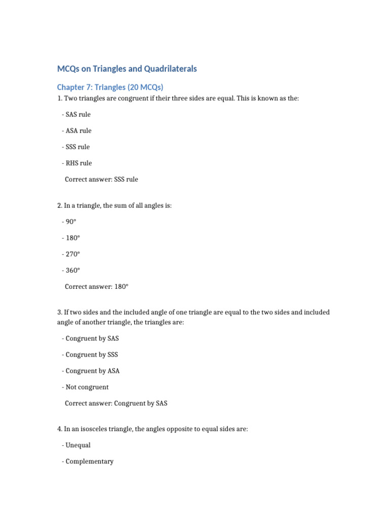 MCQs Triangles and Quadrilaterals | PDF | Rectangle | Triangle