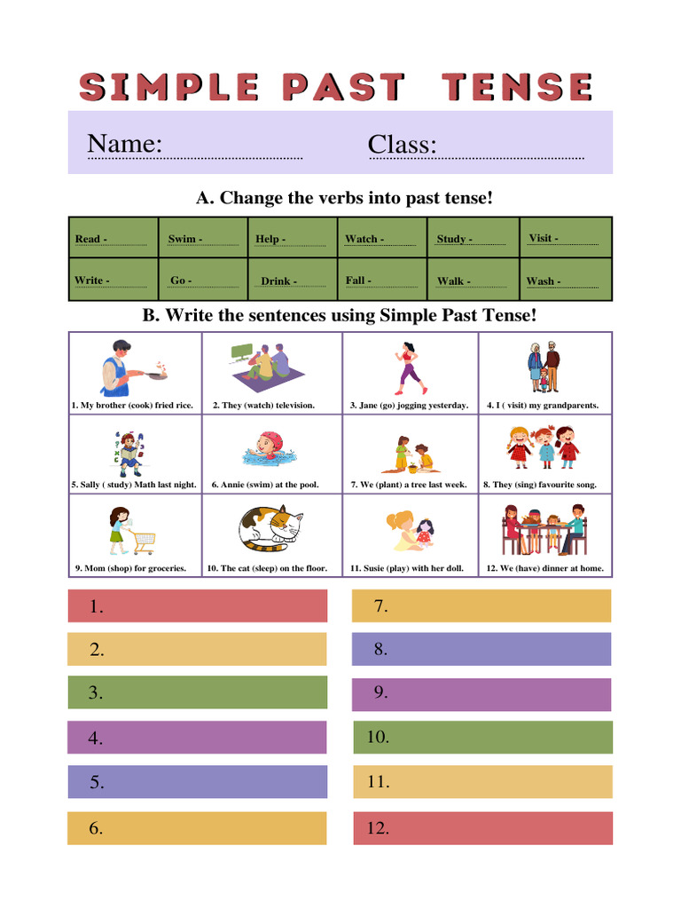 Colorful Illustrative Simple Past Tense Worksheet | PDF