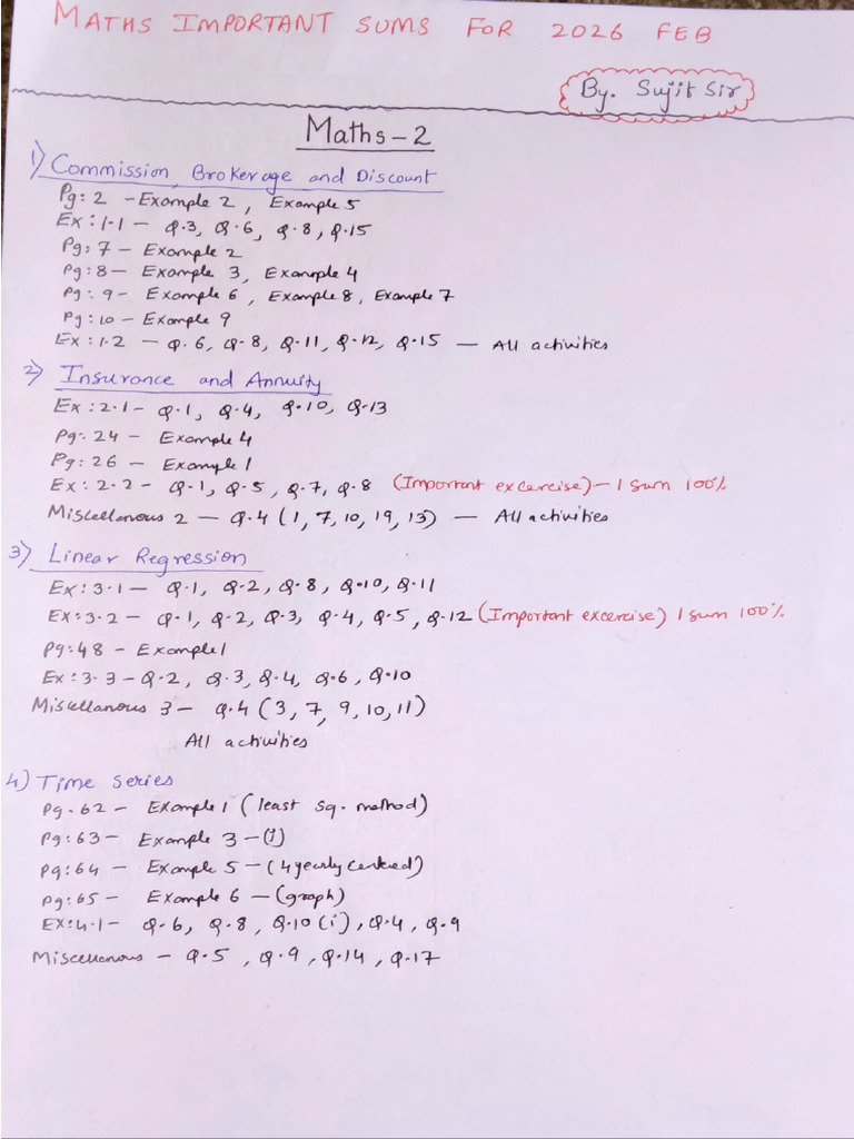 Feb 2026 Important Sums Maths 2 by Sujit Sir | PDF