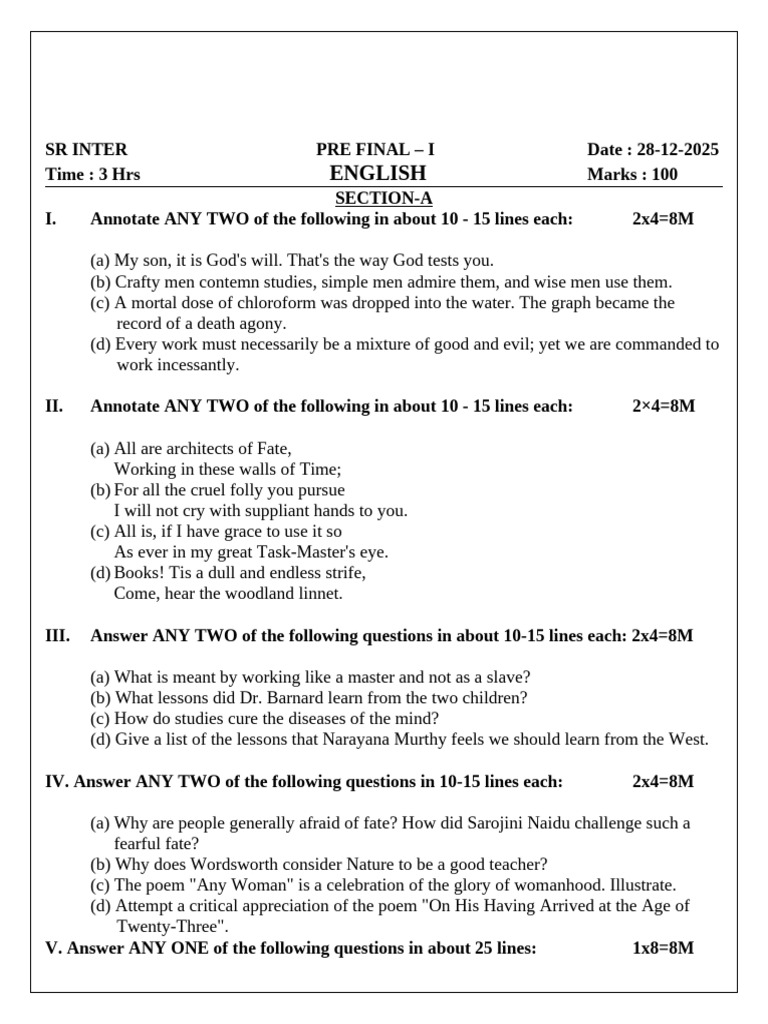SR English Prifinal - 1 Question Paper | PDF