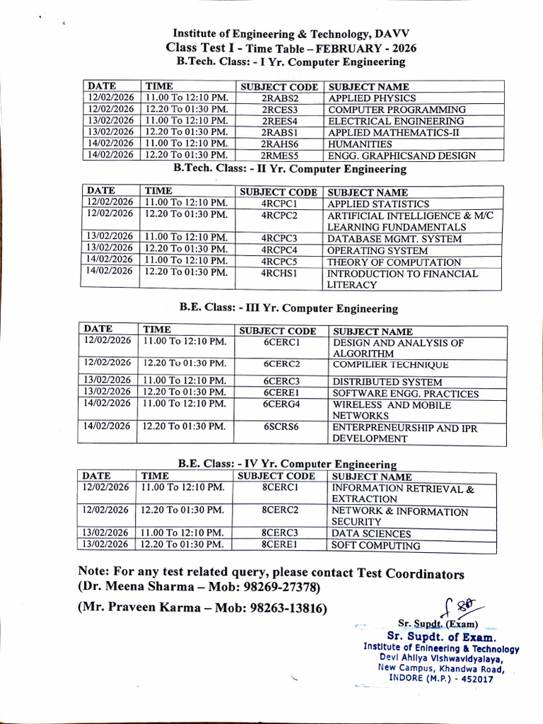 Class Test 1 Time Tables | PDF