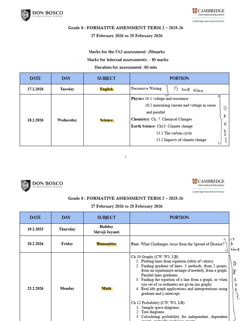 Grade 8 FA2 2025-26 REVISED TIMETABLE | PDF