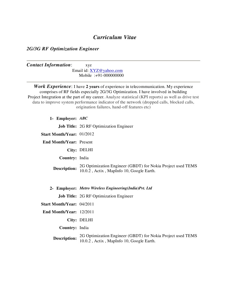 2G/3G RF Optimization Engineer CV | PDF | 3 G | Digital Technology