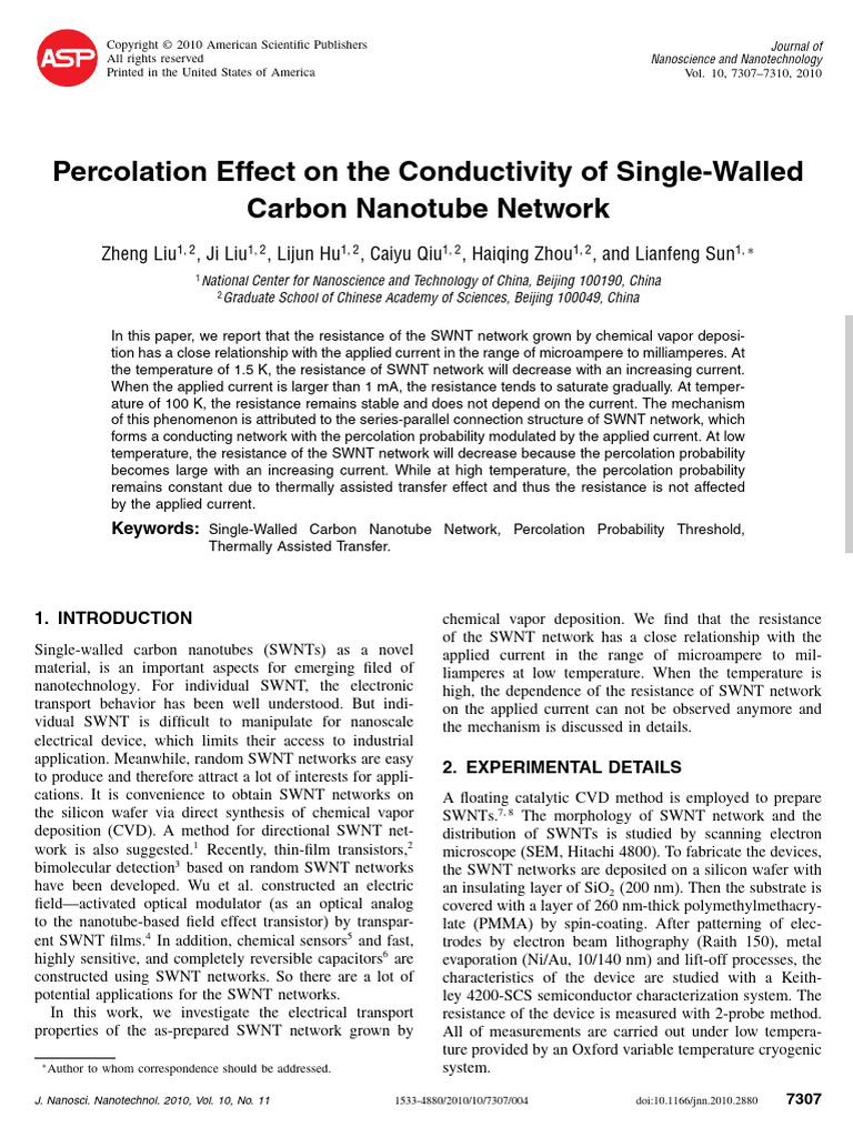Percolation Effect On The Conductivity of Single-Walled Carbon Nanotube ...