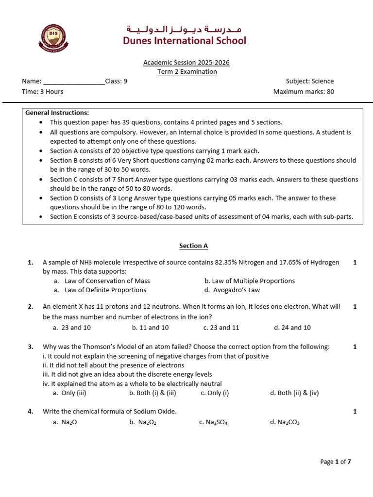 Grade 9 Term 2 Science QP 2025-26 | PDF | Sound | Mass
