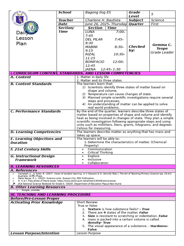 Quarter 1 Week 1 Lesson-Plan-Science 5 | PDF | Learning | Science