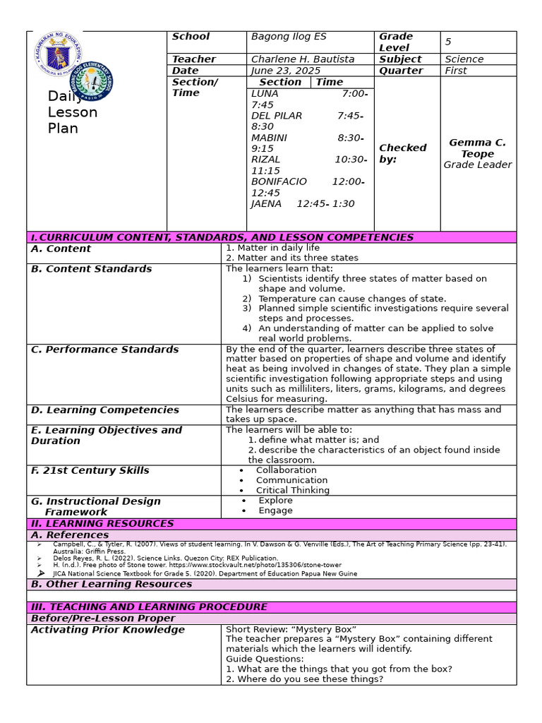 Quarter 1 Week 1 Lesson-Plan-Science 5 | PDF | Learning | Matter