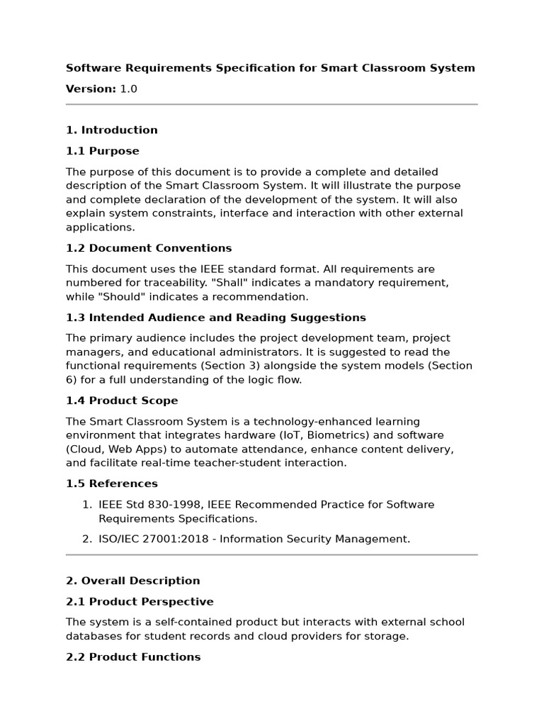 Software Requirements Specification Smart Classroom System | PDF ...