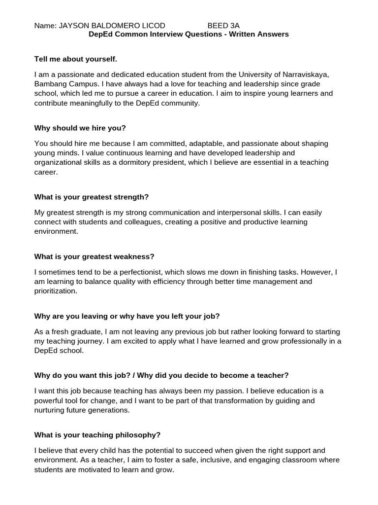 DepEd Common Interview Questions Answers OnePage | PDF | Learning ...