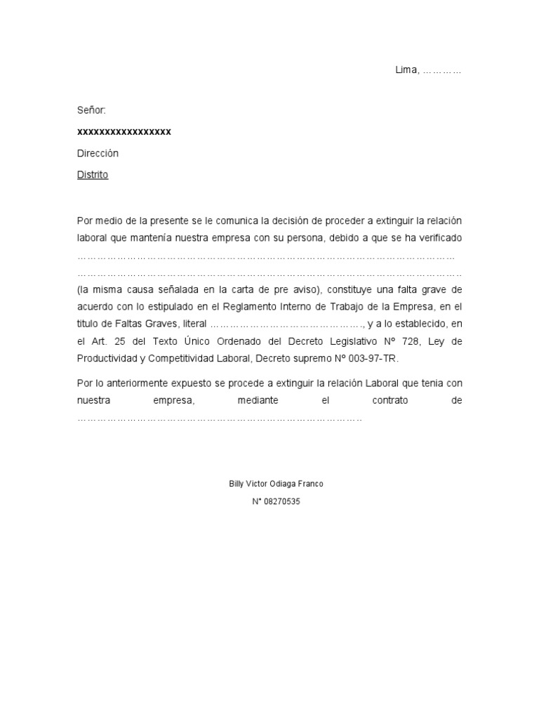 Modelo de Carta de Despido
