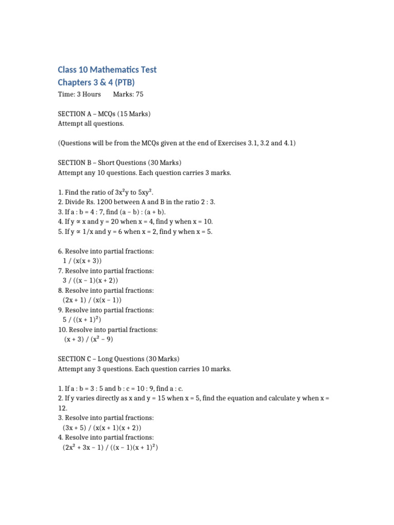 Class10 Math Test Ch3 4 | PDF
