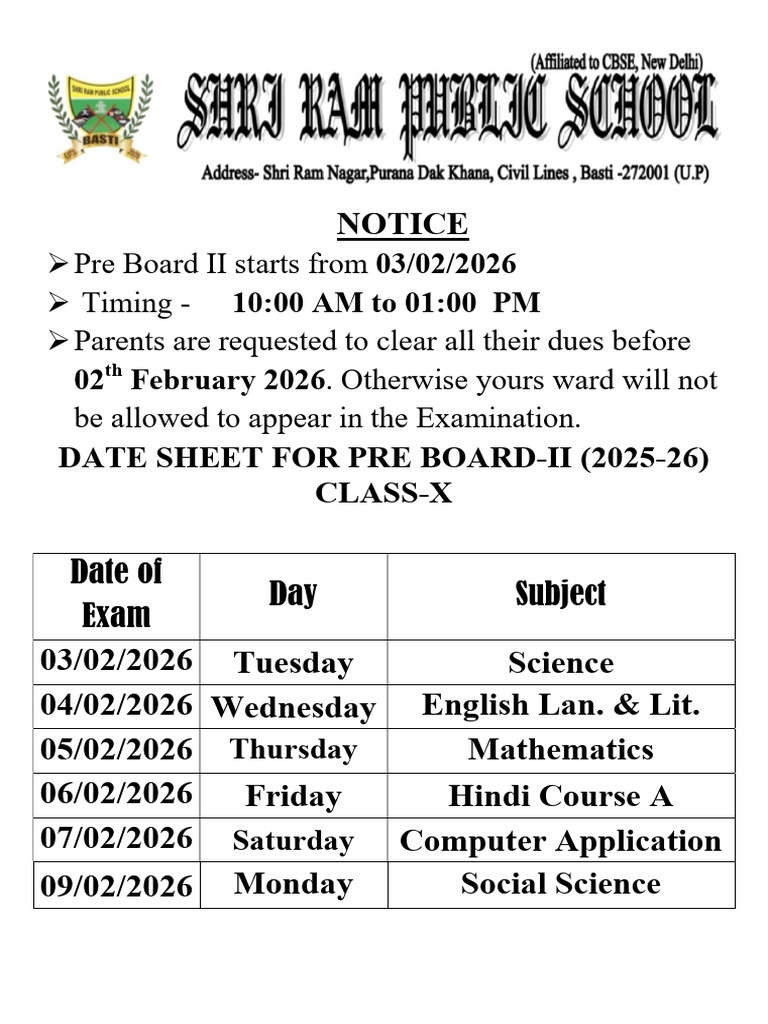 Date Sheet For Pre Board-II (2025-26) Class-X | PDF