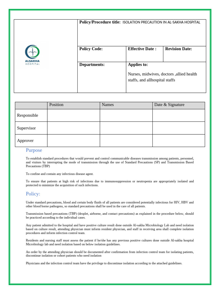 Isolation Precaution Policy | PDF | Infection | Diseases And Disorders