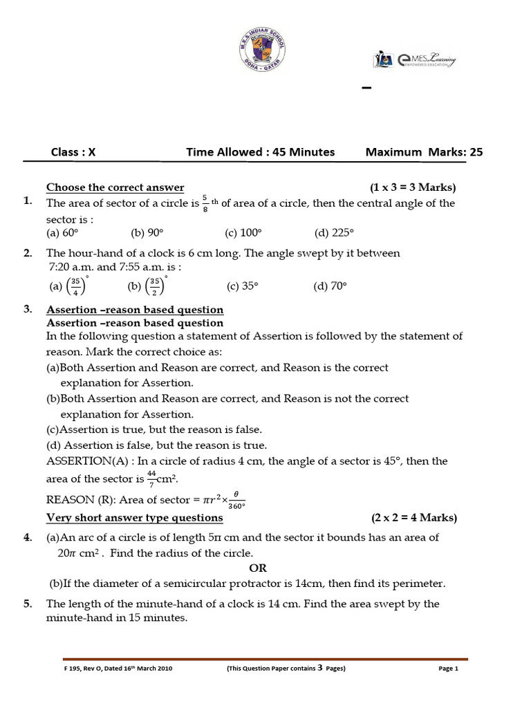 Class 10-Practice Question Paper 11 Areas Related To Circles | PDF ...