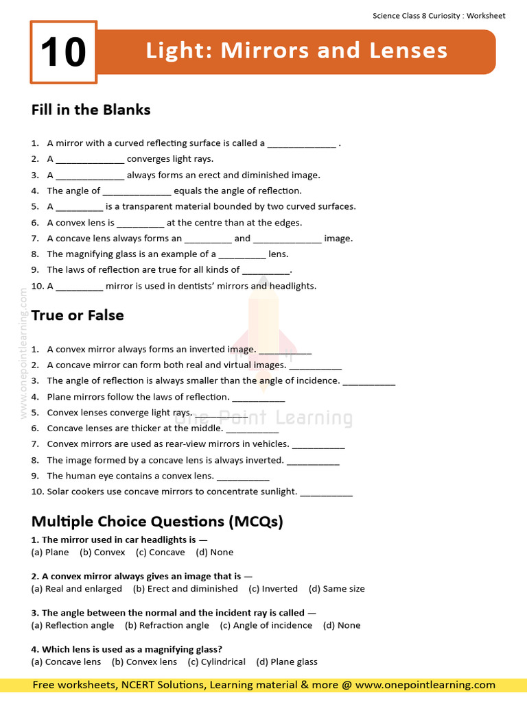 Science Class 8 Chapter 10 Light Mirrors and Lenses Worksheet | PDF ...