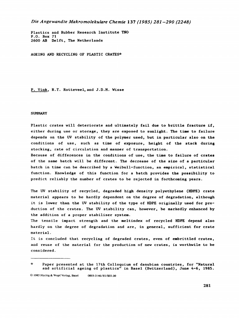 Ageing and Recycling of Plastic Crates 1985 | PDF | Plastic | Recycling