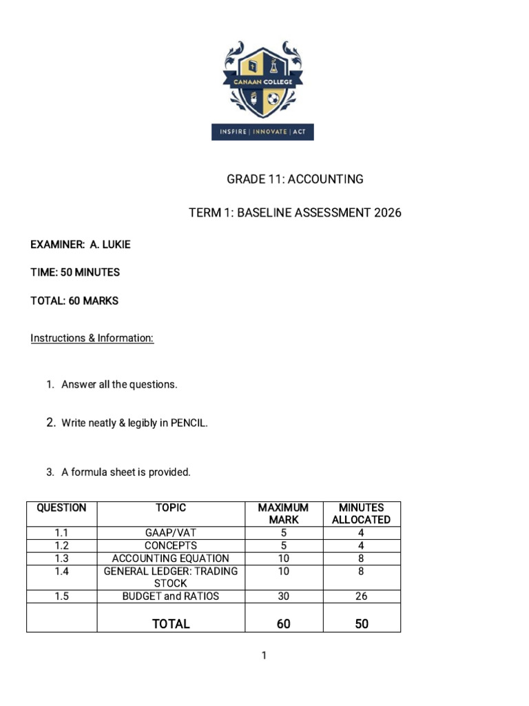 Accounting - Question Paper Grade 11 Baseline Test 2026 | PDF | Debits ...