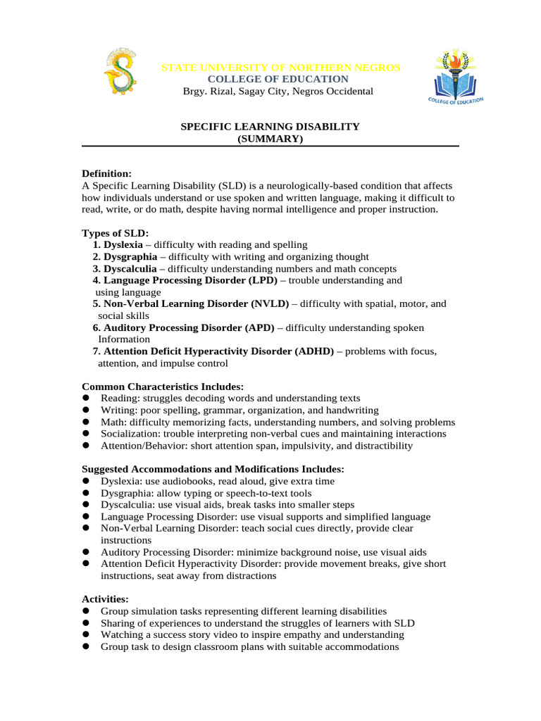 Group 8 Topic Specific Learning Disability Summary | PDF | Learning ...