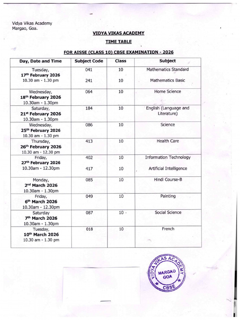 Vva Time Table Aisse Class 10 Cbse Examination 2026 | PDF