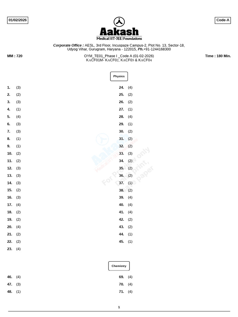 Te01 - Oym Kacf01m-Kacf02-04 Phase I - Code A (01!02!2026) - Sol | PDF ...