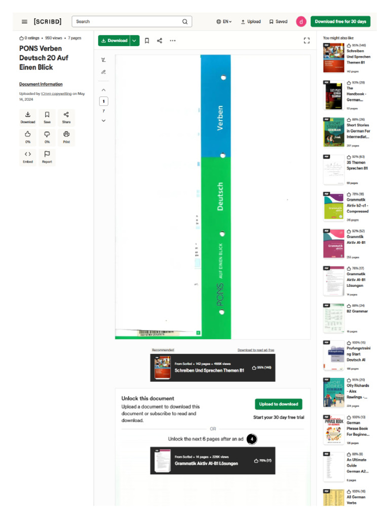Screencapture Scribd Document 732367991 PONS Verben Deutsch 20 Auf ...