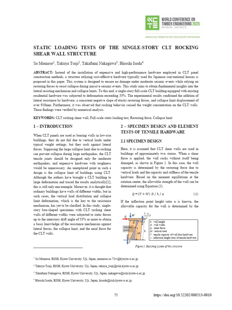 Static Loading Tests of The Single-Story CLT Rocking Shear Wall ...