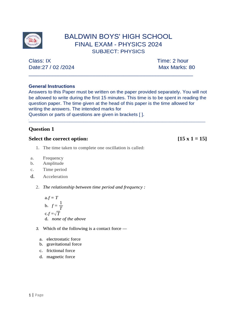 Class 9 Phy Final Exam 2025 | PDF
